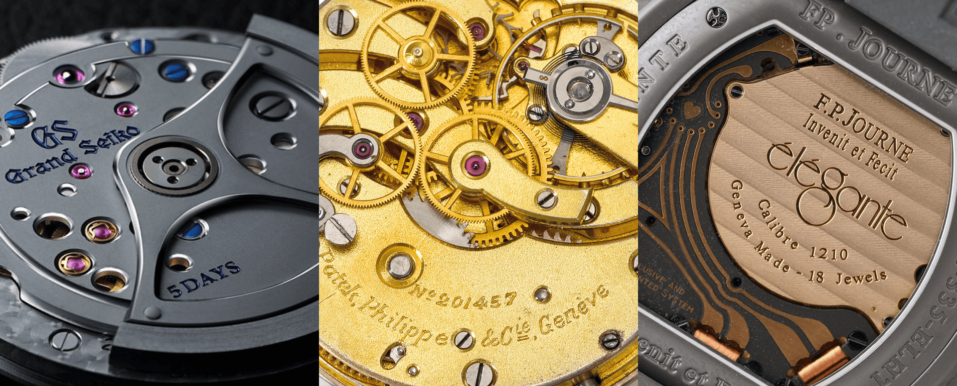 Stellar examples of the three major types of watch movement. Left: the hybrid ‘Spring Drive’ movement of a 2020s Grand Seiko wristwatch with an electronic microchip powered by a mechanical spring and gear train. Middle: the mechanical movement of a 1920s Patek Philippe Calatrava wristwatch. Right: the quartz movement of an F. P. Journe Élégante wristwatch outfitted with a power-saving ‘standby’ mode inputted by a mechanical motion sensor. *Image sources (left to right): Grand Seiko, Christie’s, Phillips.*